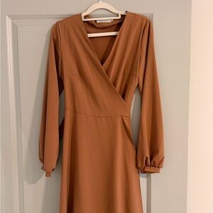 Elegant Tan Long Sleeve Wrap Dress